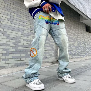 "606" Jean Large Coupe Droite Brodé Bleu Streetwear - URB1™