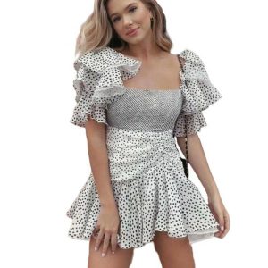 Robe A Pois Courte De Soiree Avec Manche Dentelle