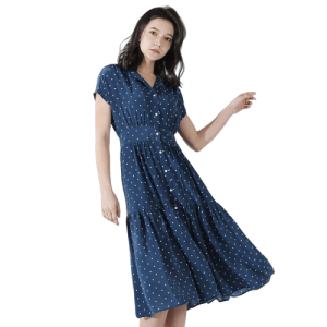 Robe Bleue À Pois Mi-Longue