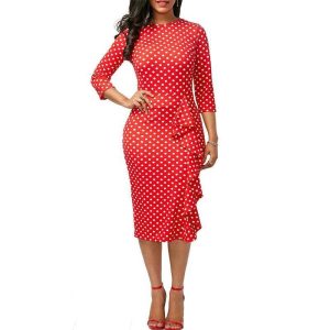 Robe Manche Longue A Pois Moulante Fine Bretelle Rouge