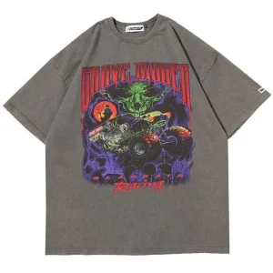 "GRAVE DIGGER" T-shirt Gris Oversize Imprimé - URB1™