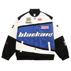 "BLACKAID" Veste Bombers Moto Brodé Bleu Streetwear - URB1™