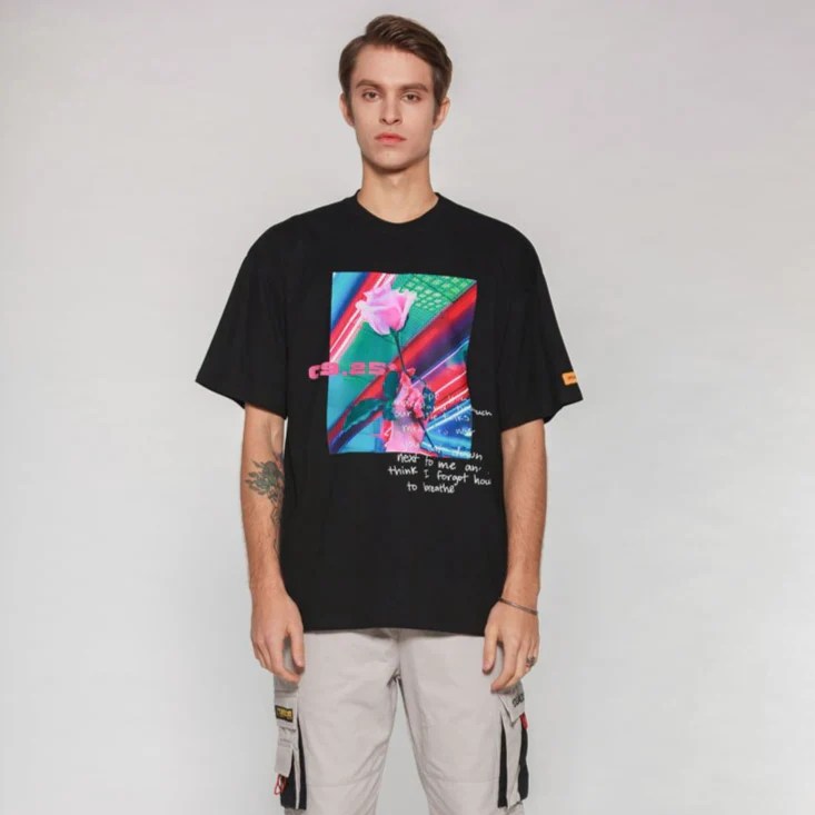 "09.25" T-shirt Noir Oversize Imprimé - URB1™